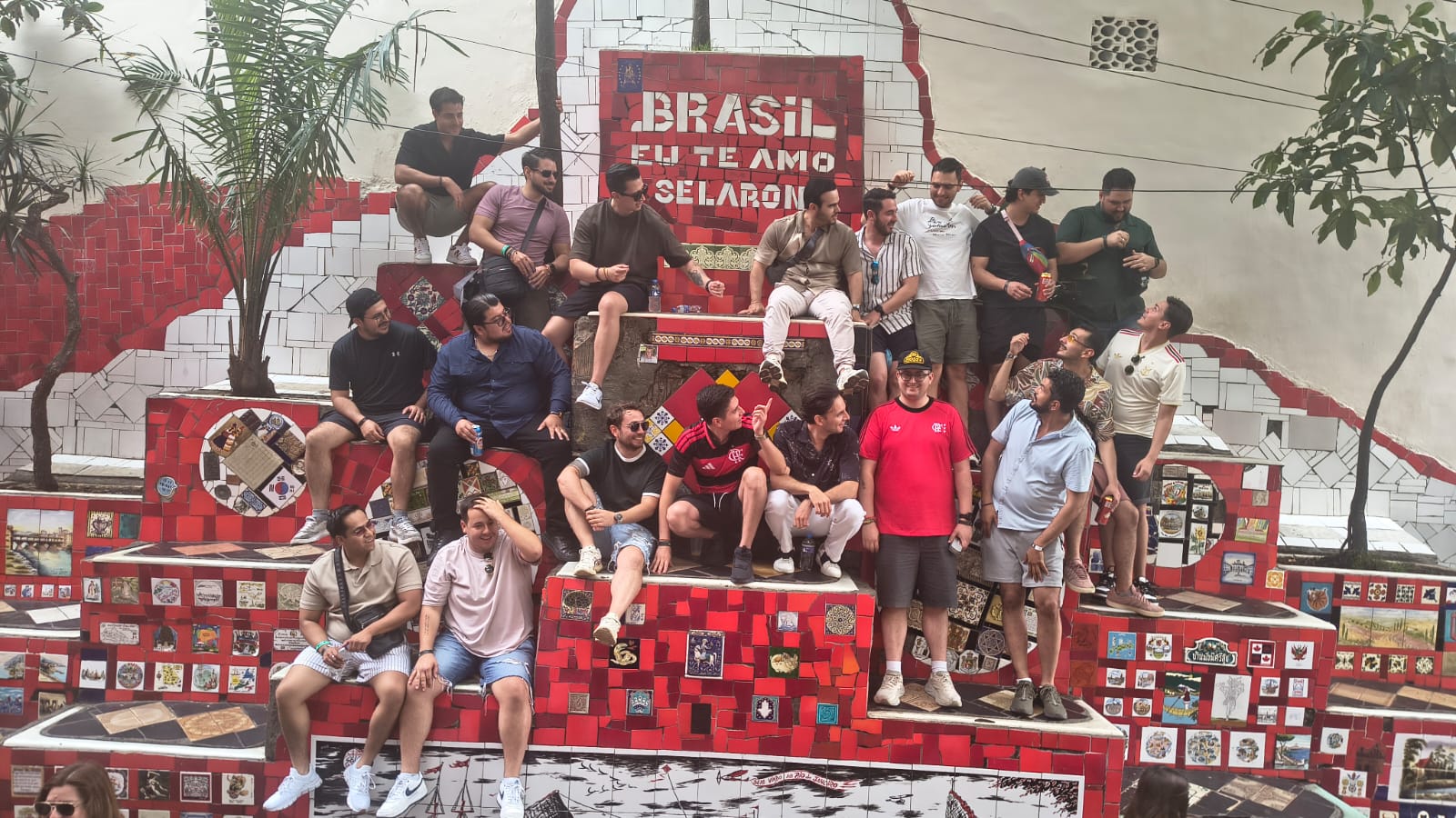 Travelers gathered on the colorful Selarón Steps in Rio de Janeiro